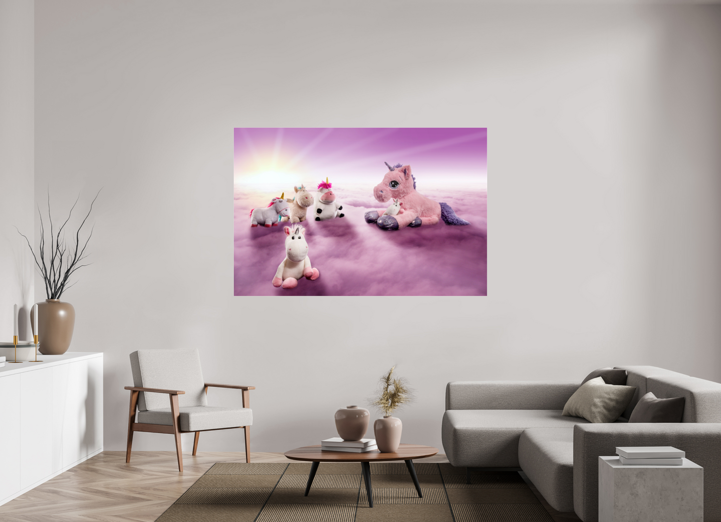 180 x 120 cm, Photo Print Under Acrylic Glass Das Treffen der Einhörner auf den Wolken