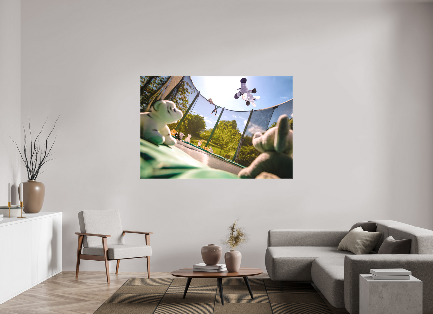 180 x 120 cm, Foto-Leinwand matt Wandbild Esel Kuscheltiere auf dem Trampolin Deko Kinderzimmer