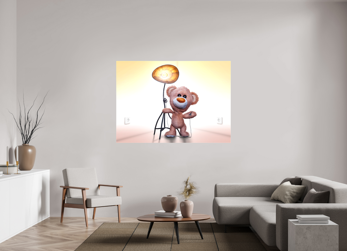 167,9 x 120 cm, Foto-Leinwand matt Wandbild süßer brauner Teddybär Kuscheltier und die Wunderlampe Deko Kinderzimmer