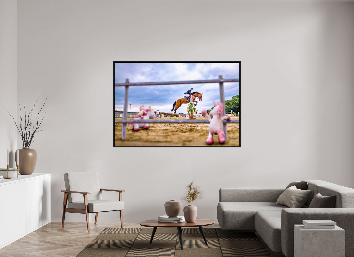 180 x 120 cm, Floater Frame Wandbild kleine Einhörner Kuscheltiere auf dem Reiterhof Deko Kinderzimmer