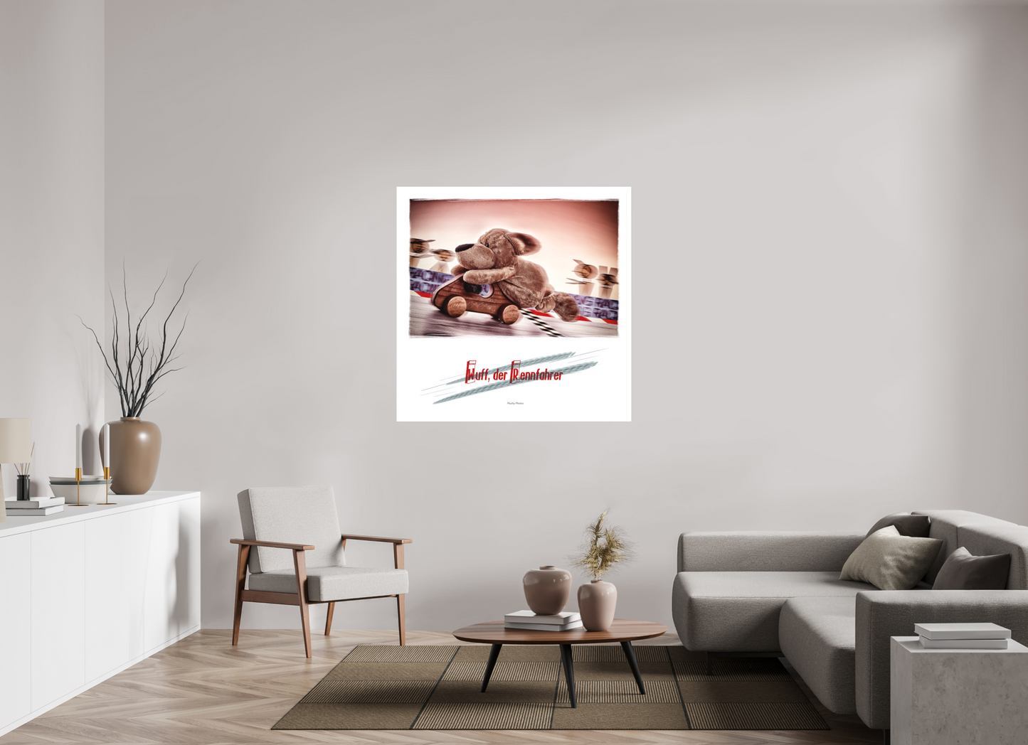 120 x 120 cm, Slimline-Einfassung silber Rahmen Wandbild Kuscheltiere Deko Kinderzimmer Wuff Rennfahrer_q