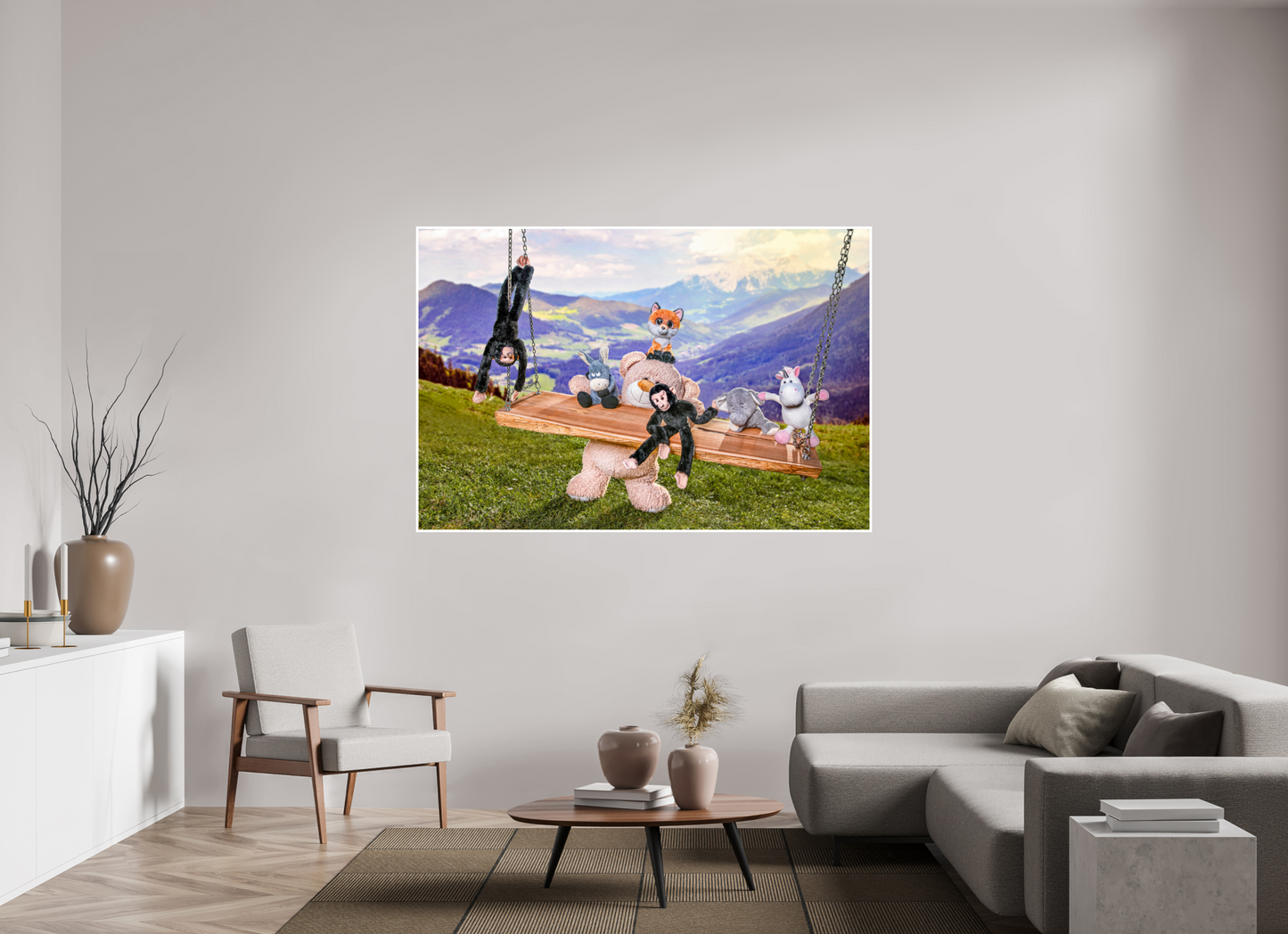 180 x 120 cm, Fotoprint Fuji + Schutz + Rand Wandbild Kuscheltiere Deko Kinderzimmer Auf der Schaukel_6