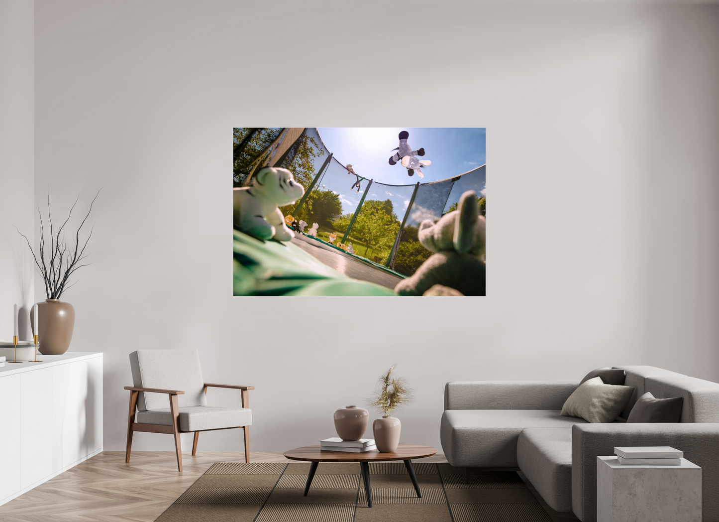 180 x 120 cm, Photo Print Under Acrylic Glass Wandbild Esel Kuscheltiere auf dem Trampolin Deko Kinderzimmer
