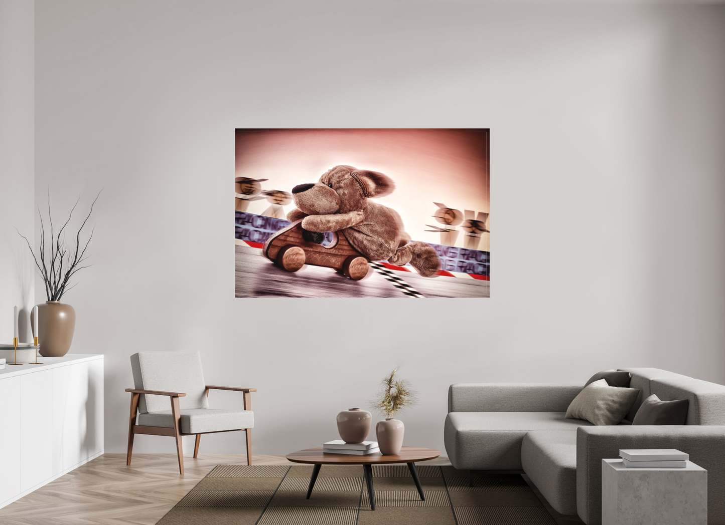 180 x 120 cm, Slimline-Einfassung silber Rahmen Wandbild Kuscheltiere Deko Kinderzimmer Wuff Rennfahrer_6