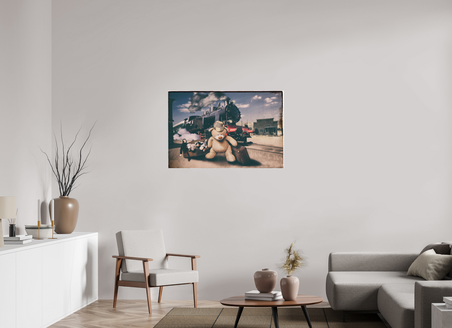 105 x 70 cm, Leinwand 40mm matt Leinwand Wandbild Kuscheltiere Deko Kinderzimmer Teddybär auf Zeitreise