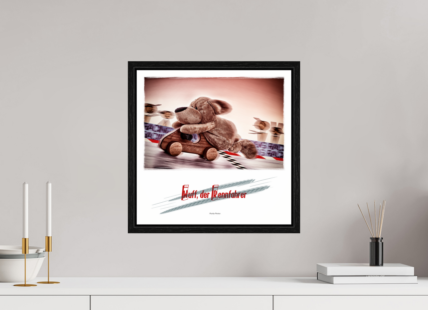 40 x 40 cm, Floater Frame Wuff der Rennfahrer