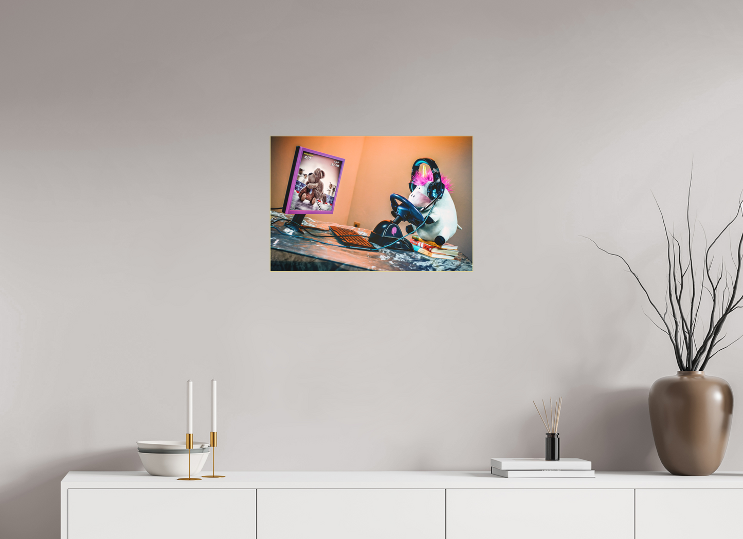 60 x 40 cm, Slimline-Einfassung gold Rahmen Wandbild Kuscheltiere Deko Kinderzimmer Einhorn Zocker_6
