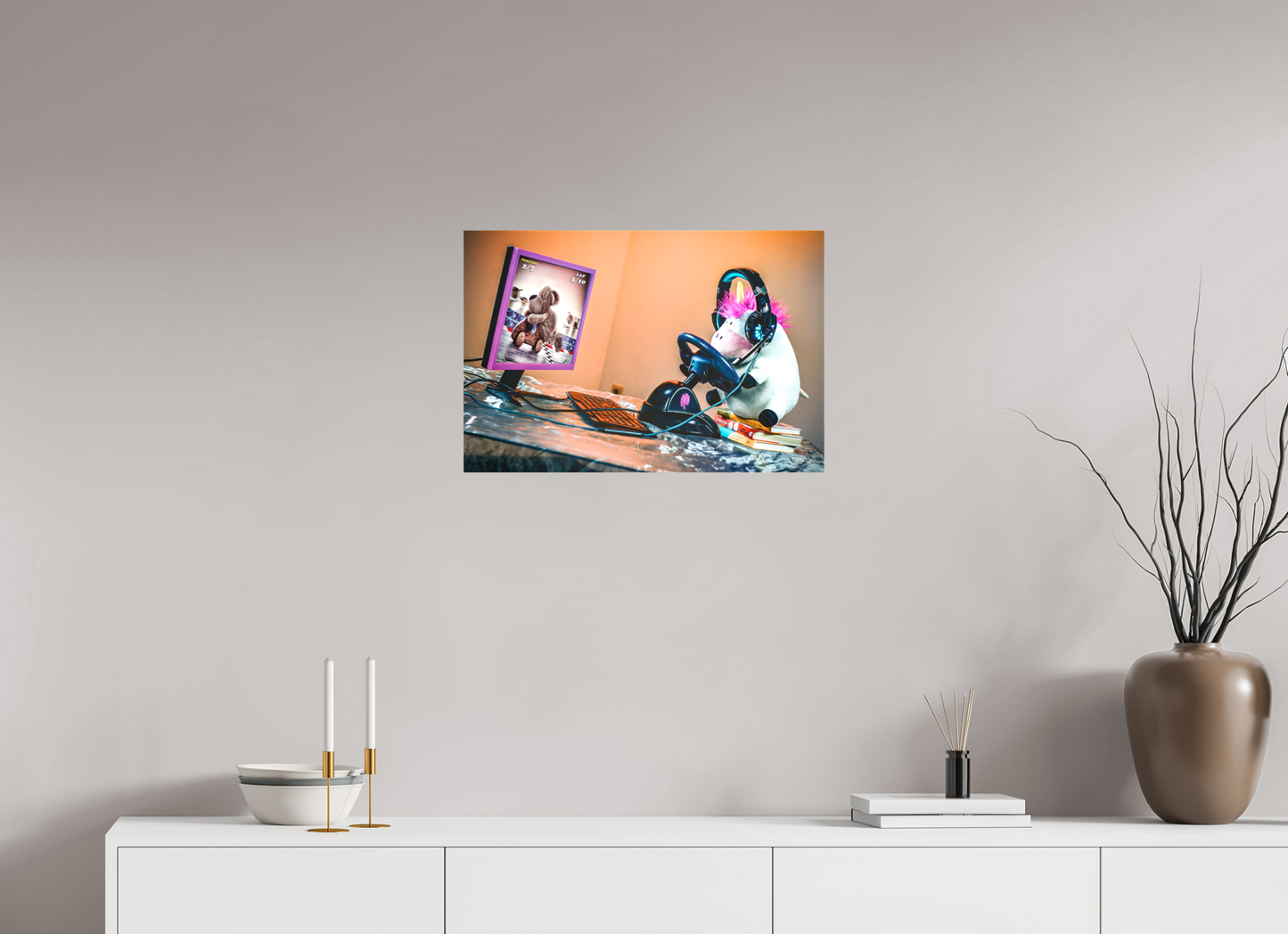 60 x 40 cm, Leinwand 40mm Leinwand Wandbild süsses Einhorn Kuscheltier auf dem Bücherstapel Deko Kinderzimmer