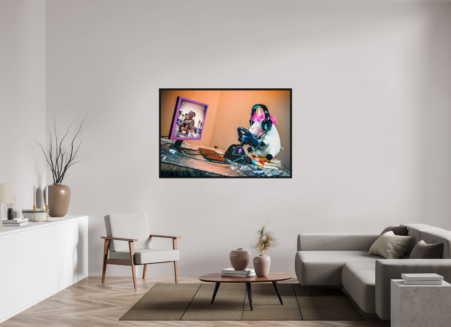 150 x 100 cm, Floater Frame Wandbild süsses Einhorn Kuscheltier auf dem Bücherstapel Deko Kinderzimmer