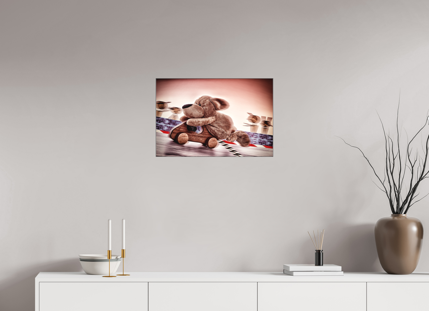 60 x 40 cm, Slimline-Einfassung schwarz Rahmen Wandbild Kuscheltiere Deko Kinderzimmer Wuff Rennfahrer_6