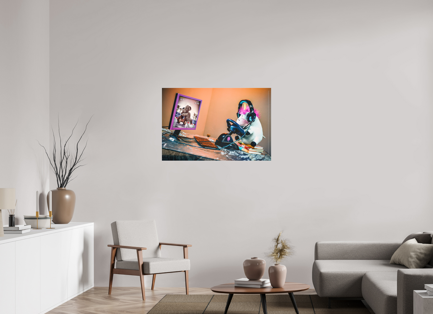 105 x 70 cm, Slimline-Einfassung silber Rahmen Wandbild Kuscheltiere Deko Kinderzimmer Einhorn Zocker_6