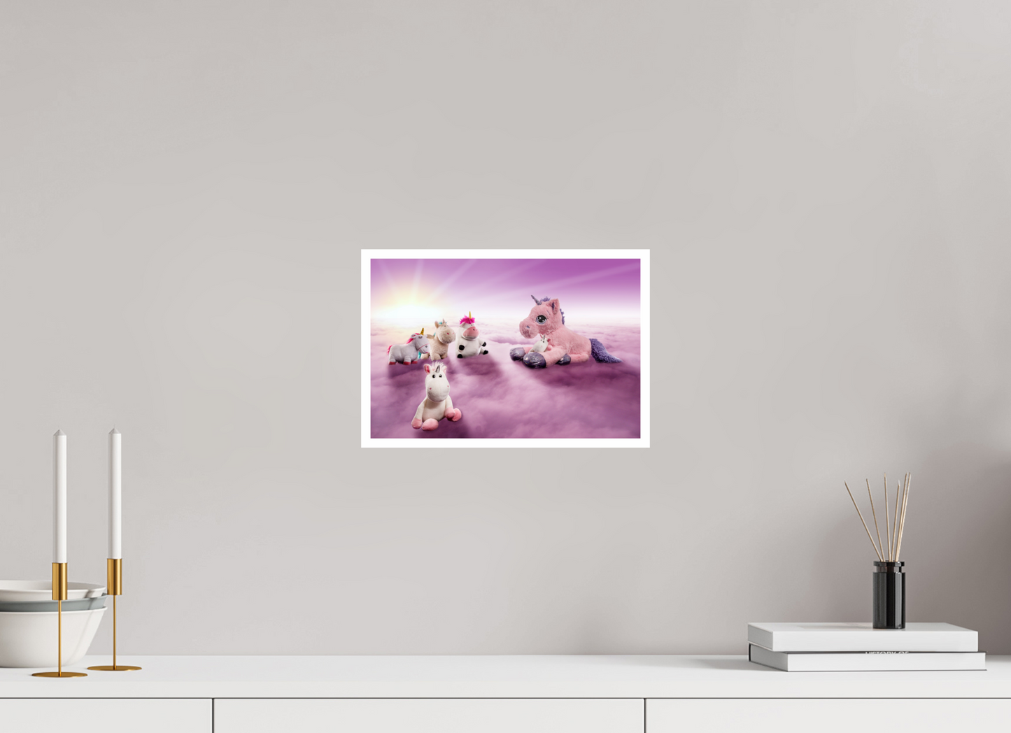 30 x 20 cm, Acrylglas 2mm Rand Acrylglas Wandbild weiße Einhörner Kuscheltiere auf den Wolken Deko Kinderzimmer