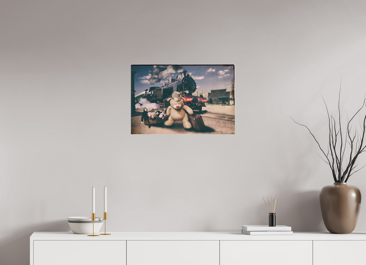 60 x 40 cm, Leinwand Textil 60mm Leinwand Wandbild Kuscheltiere Deko Kinderzimmer Teddybär auf Zeitreise