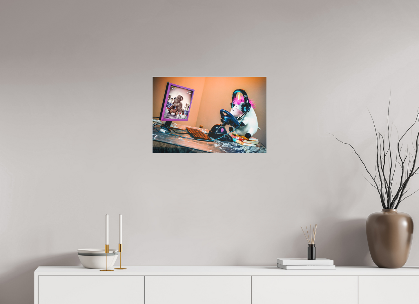 60 x 40 cm, Slimline-Einfassung silber Rahmen Wandbild Kuscheltiere Deko Kinderzimmer Einhorn Zocker_6