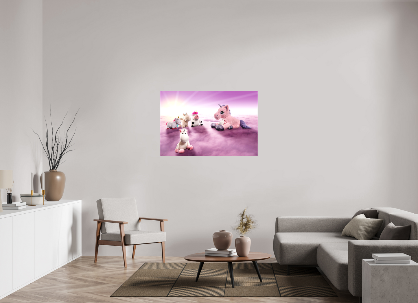 120 x 80 cm, Leinwand 60mm Leinwand Wandbild weiße Einhörner Kuscheltiere auf den Wolken Deko Kinderzimmer
