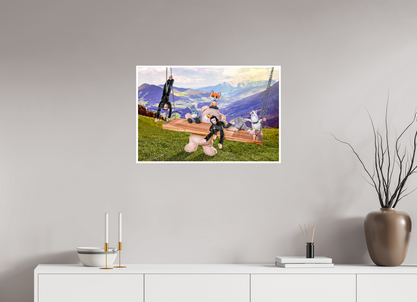 75 x 50 cm, Fotoprint Fuji + Schutz + Rand Wandbild Kuscheltiere Deko Kinderzimmer Auf der Schaukel_6