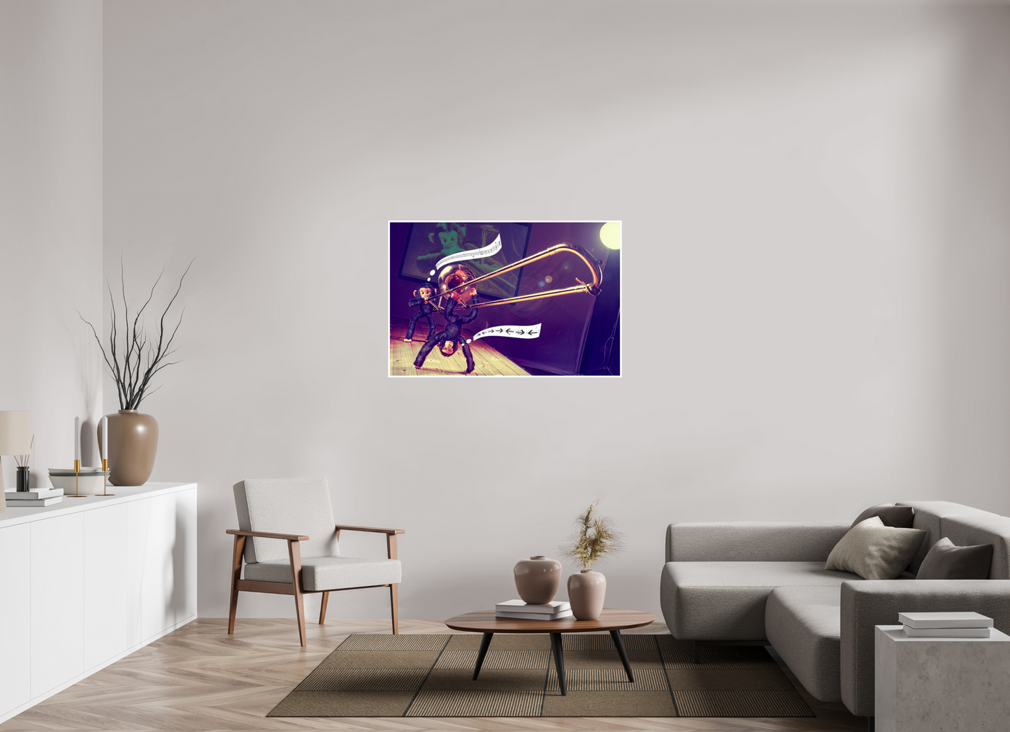 120 x 80 cm, Fotopapier Fuji Schutz Rand Fotopapier Wandbild Kuscheltiere Deko Kinderzimmer Affen spielen Posaune_6