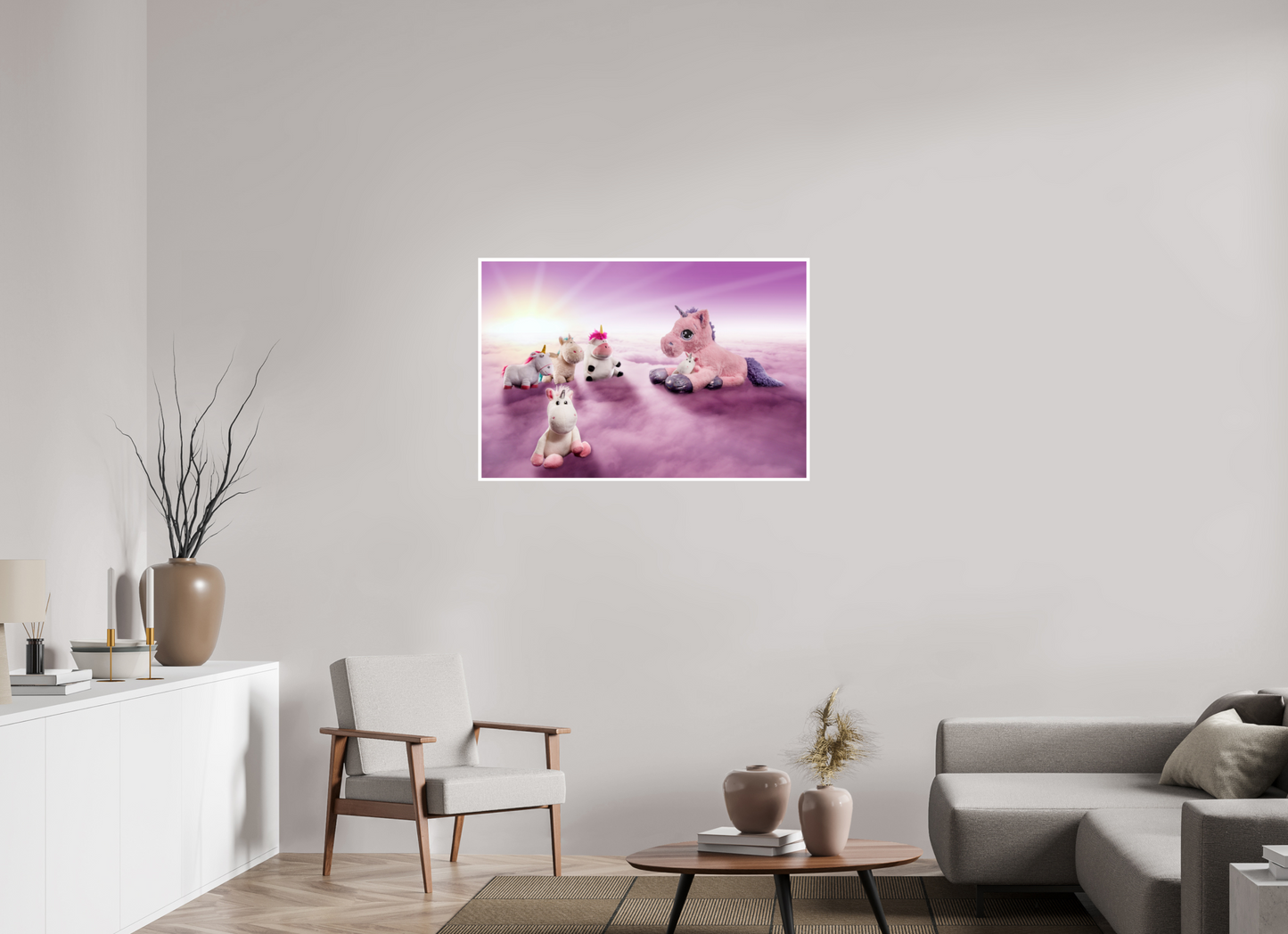 105 x 70 cm, Acrylglas 6mm Rand Acrylglas Wandbild weiße Einhörner Kuscheltiere auf den Wolken Deko Kinderzimmer