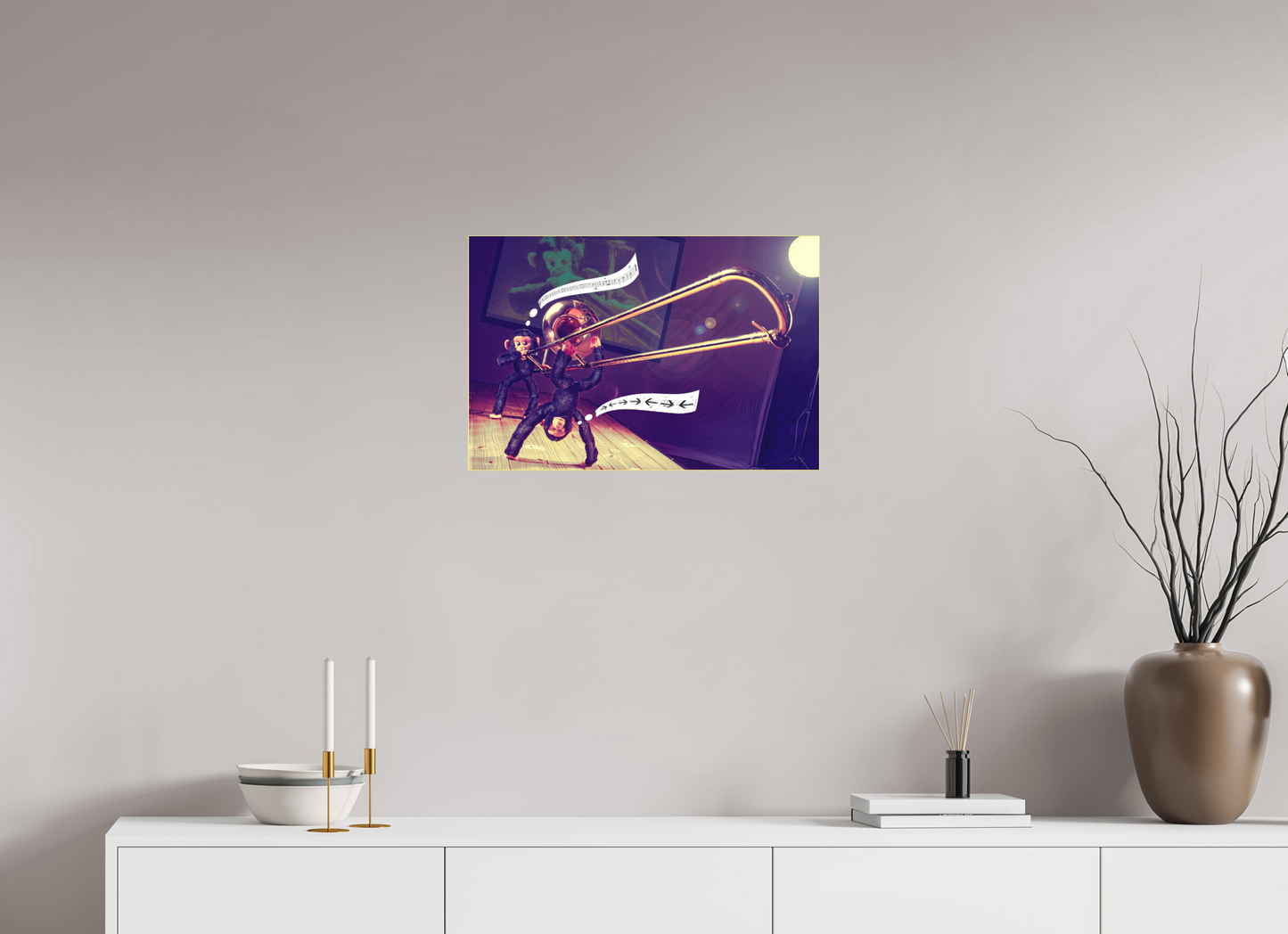 60 x 40 cm, Slimline-Einfassung gold Rahmen Wandbild Kuscheltiere Deko Kinderzimmer Affen spielen Posaune_6