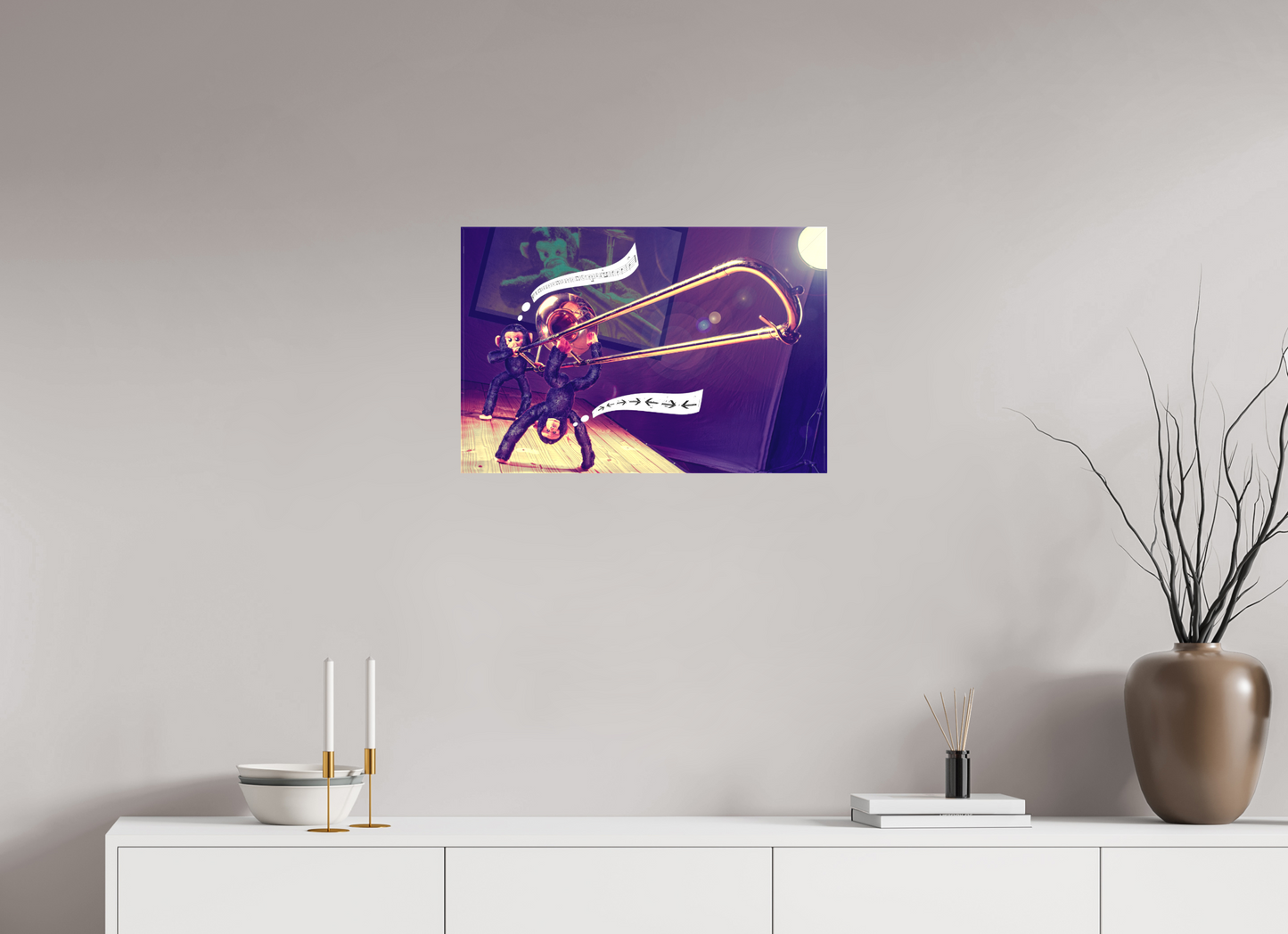 60 x 40 cm, Leinwand 60mm Leinwand Wandbild Affen Kuscheltiere spielen Posaune Deko Kinderzimmer