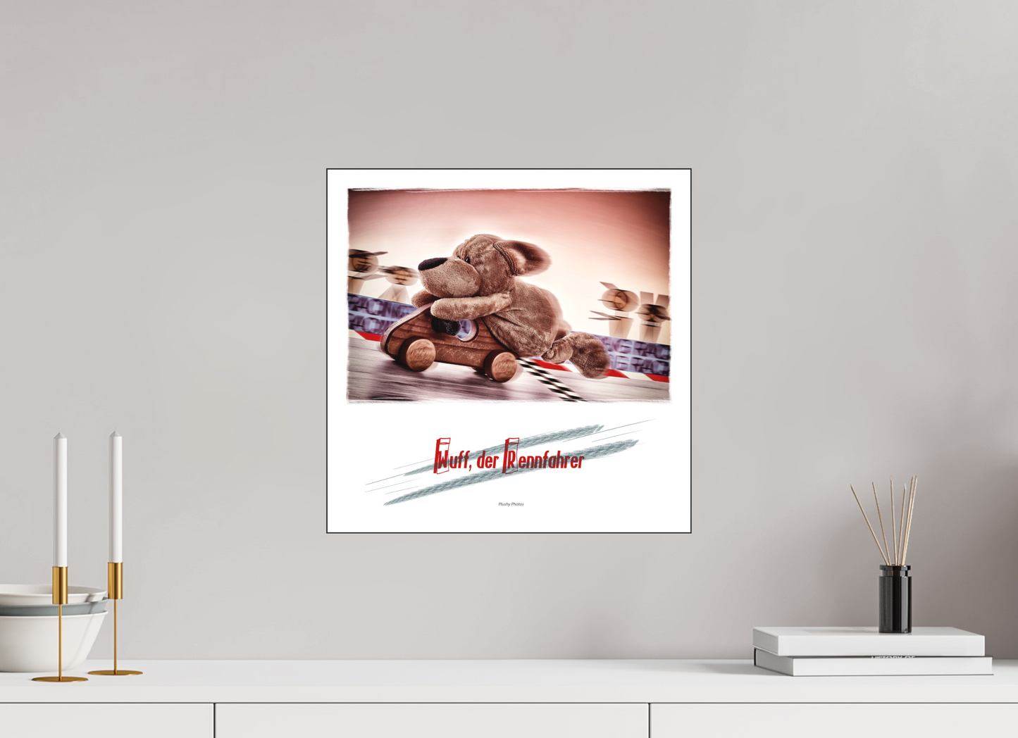 40 x 40 cm, Slimline-Einfassung schwarz Rahmen Wandbild Kuscheltiere Deko Kinderzimmer Wuff Rennfahrer_q