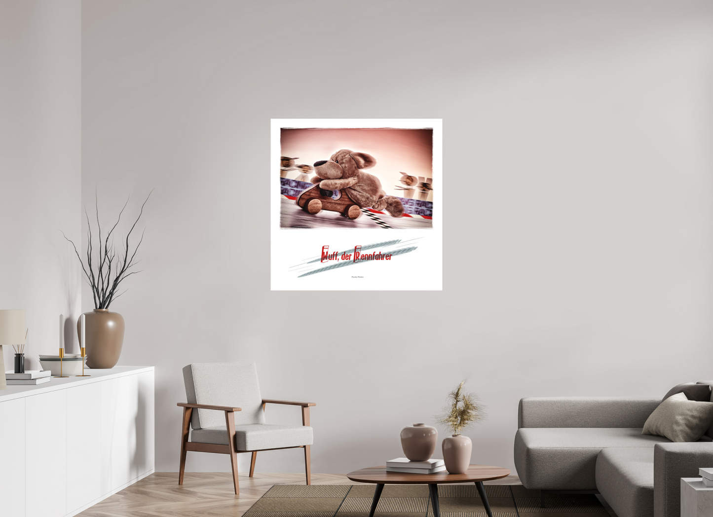 100 x 100 cm, Slimline-Einfassung weiss Rahmen Wandbild Kuscheltiere Deko Kinderzimmer Wuff Rennfahrer_q