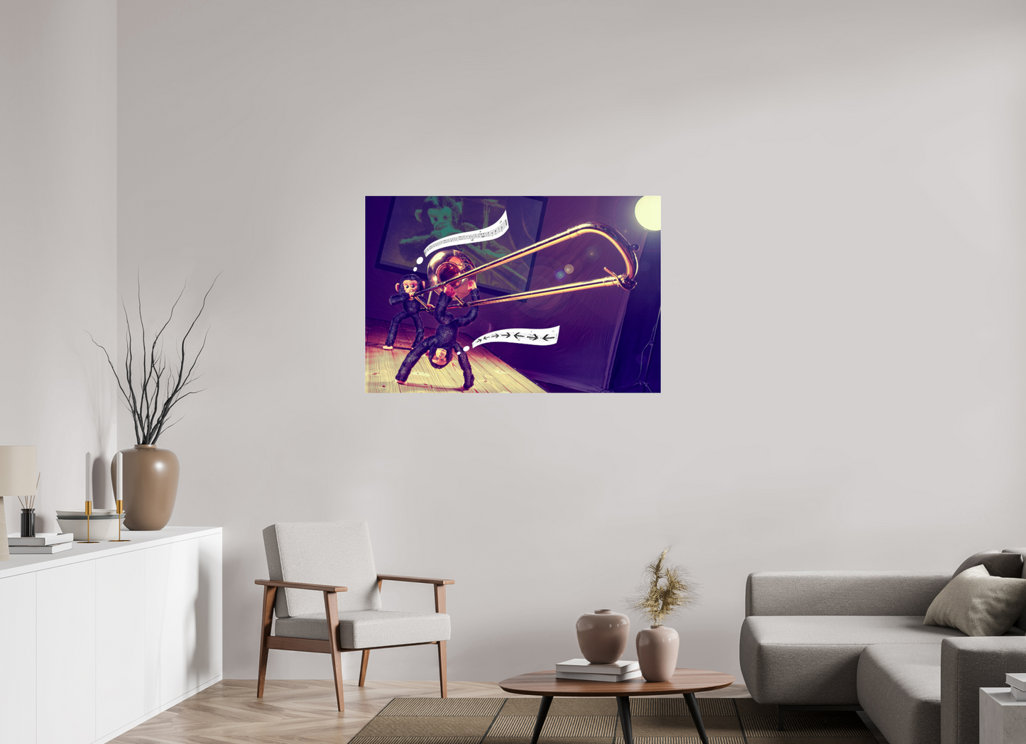 120 x 80 cm, Photo Print Under Acrylic Glass Plushy Monkeys are playing a Trombone