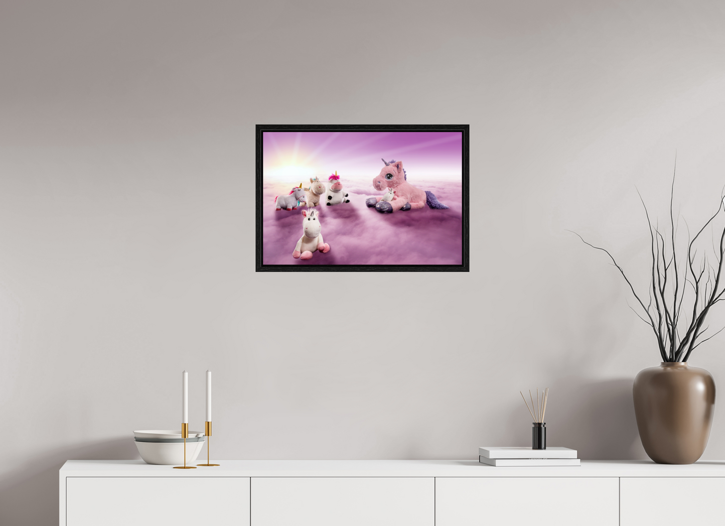 60 x 40 cm, Floater Frame Wandbild weiße Einhörner Kuscheltiere auf den Wolken Deko Kinderzimmer