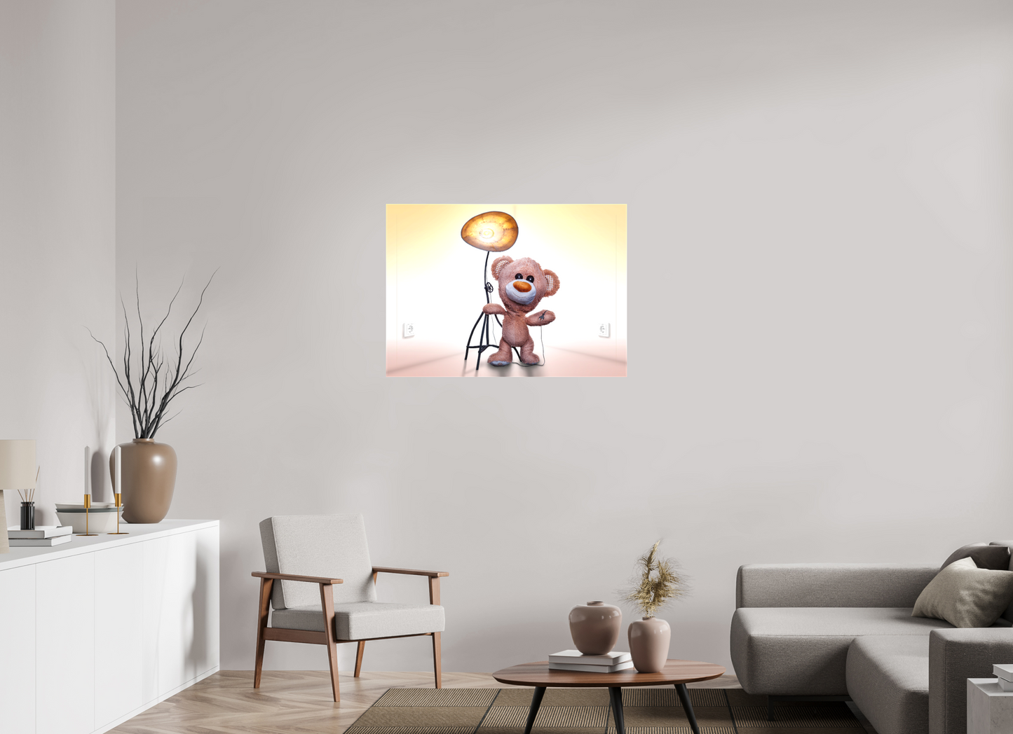 97,9 x 70 cm, Foto-Leinwand matt Wandbild süßer brauner Teddybär Kuscheltier und die Wunderlampe Deko Kinderzimmer
