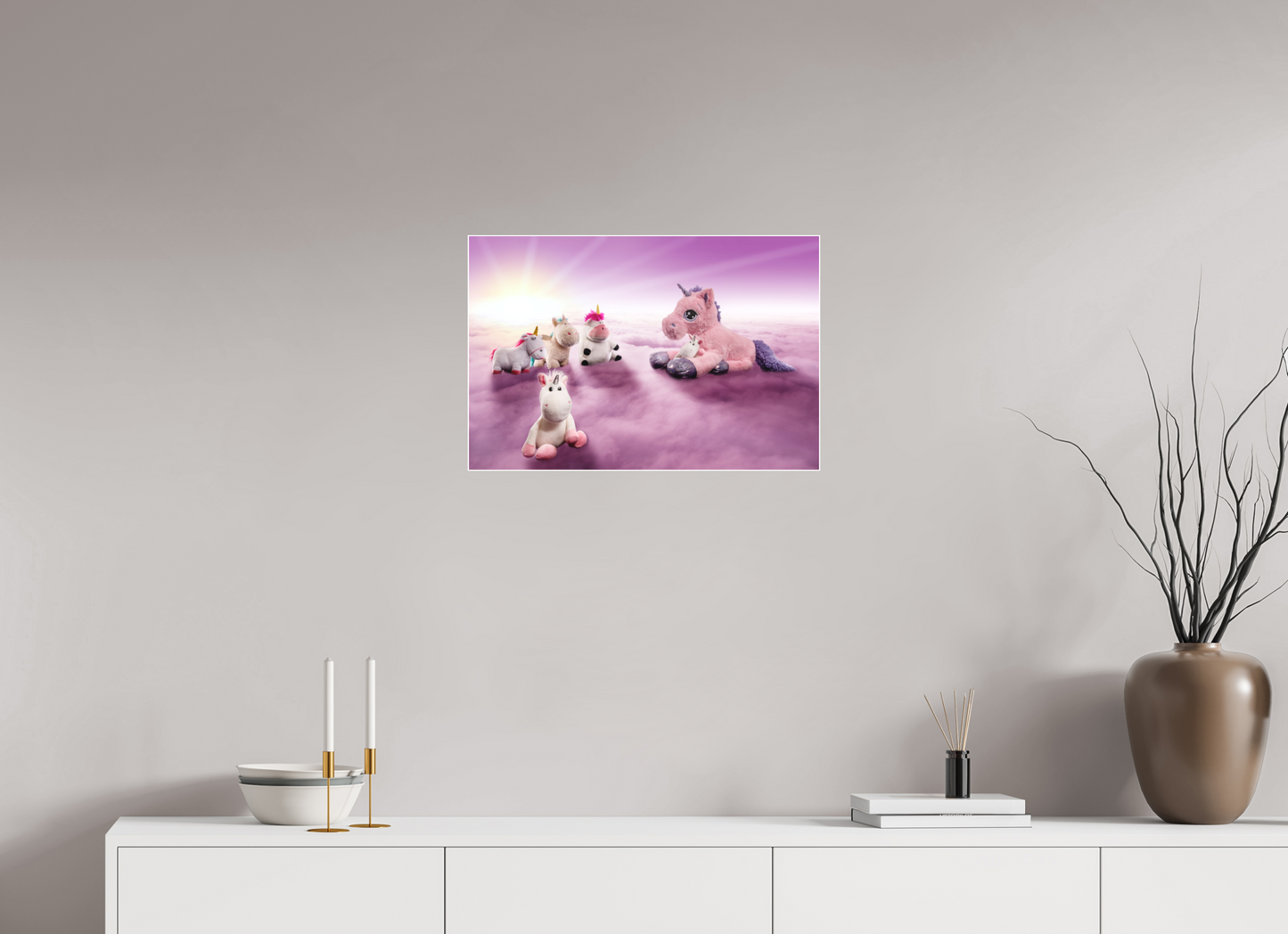 60 x 40 cm, Slimline-Einfassung weiss Rahmen Wandbild Kuscheltiere Deko Kinderzimmer Einhorntreffen_6