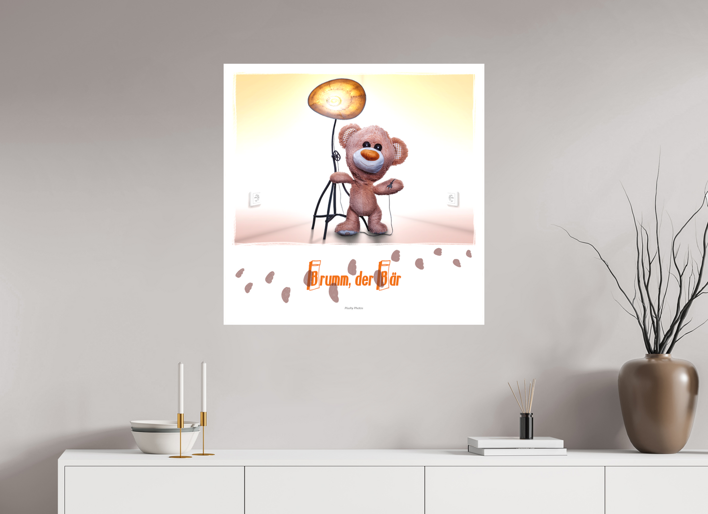 80 x 80 cm, Leinwand Textil 20mm Leinwand Wandbild Kuscheltiere Deko Kinderzimmer Teddybaer Brumm_q