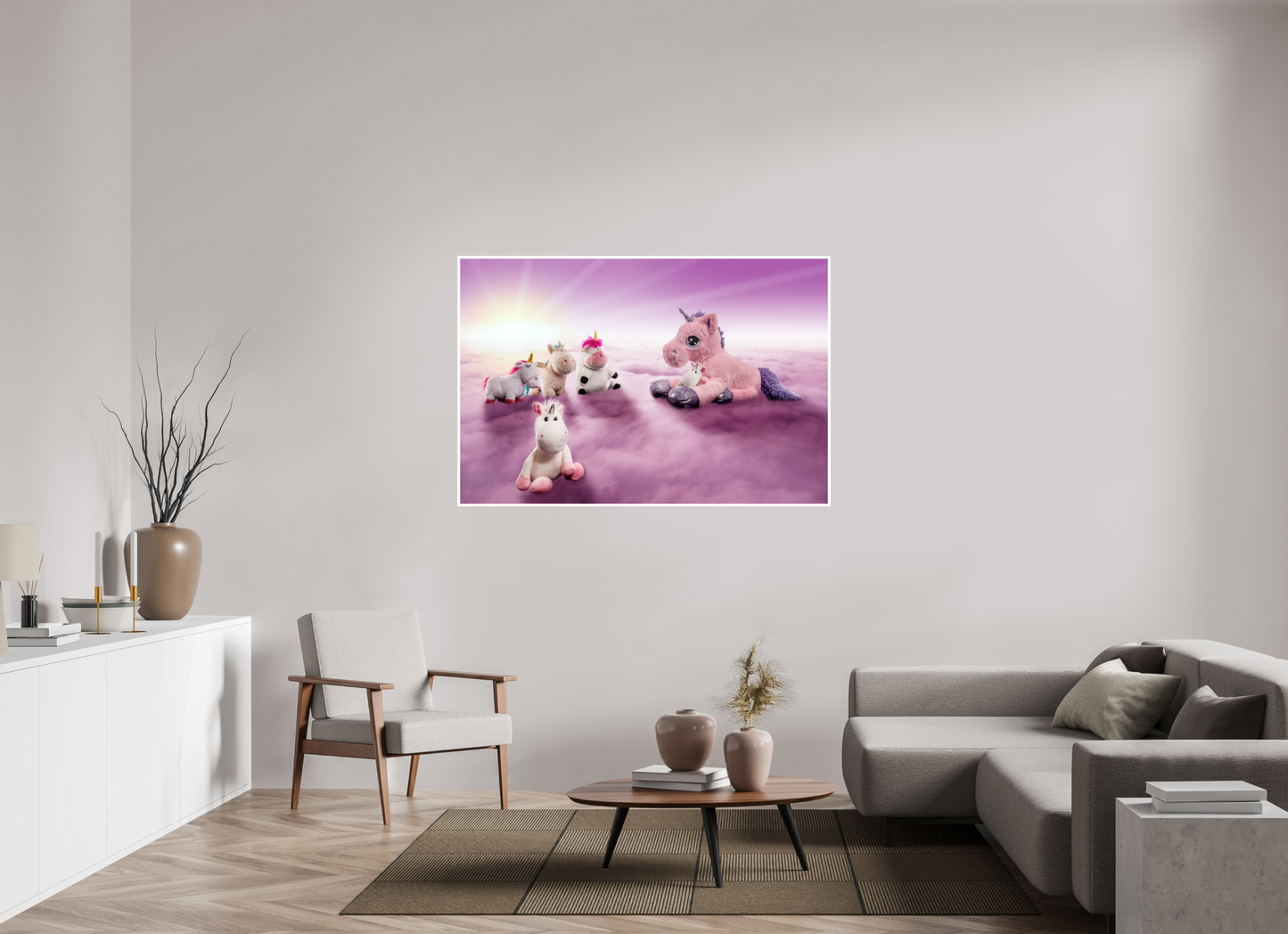 150 x 100 cm, Acrylglas 6mm Rand Acrylglas Wandbild weiße Einhörner Kuscheltiere auf den Wolken Deko Kinderzimmer