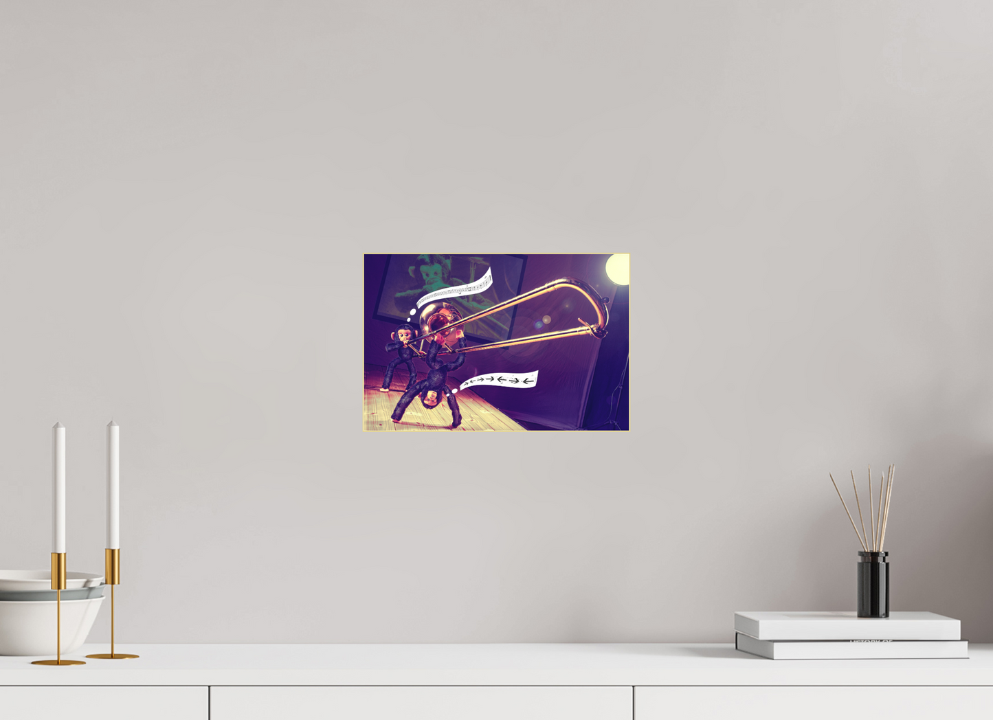 30 x 20 cm, Slimline-Einfassung gold Rahmen Wandbild Kuscheltiere Deko Kinderzimmer Affen spielen Posaune_6