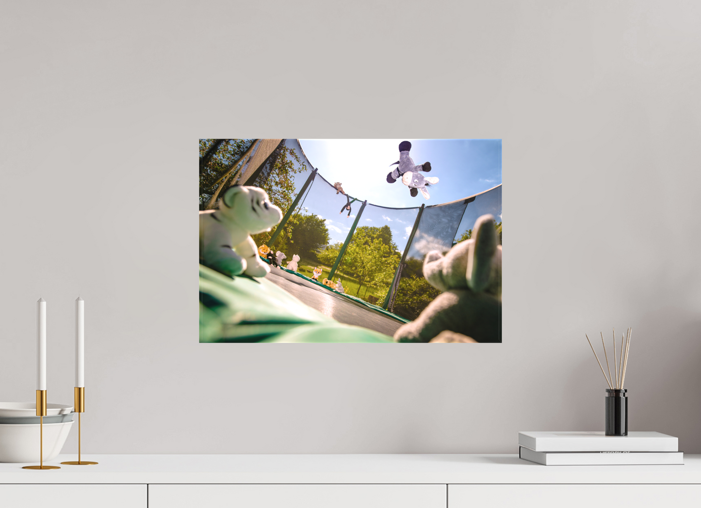 45 x 30 cm, Leinwand 60mm Leinwand Wandbild Esel Kuscheltiere auf dem Trampolin Deko Kinderzimmer