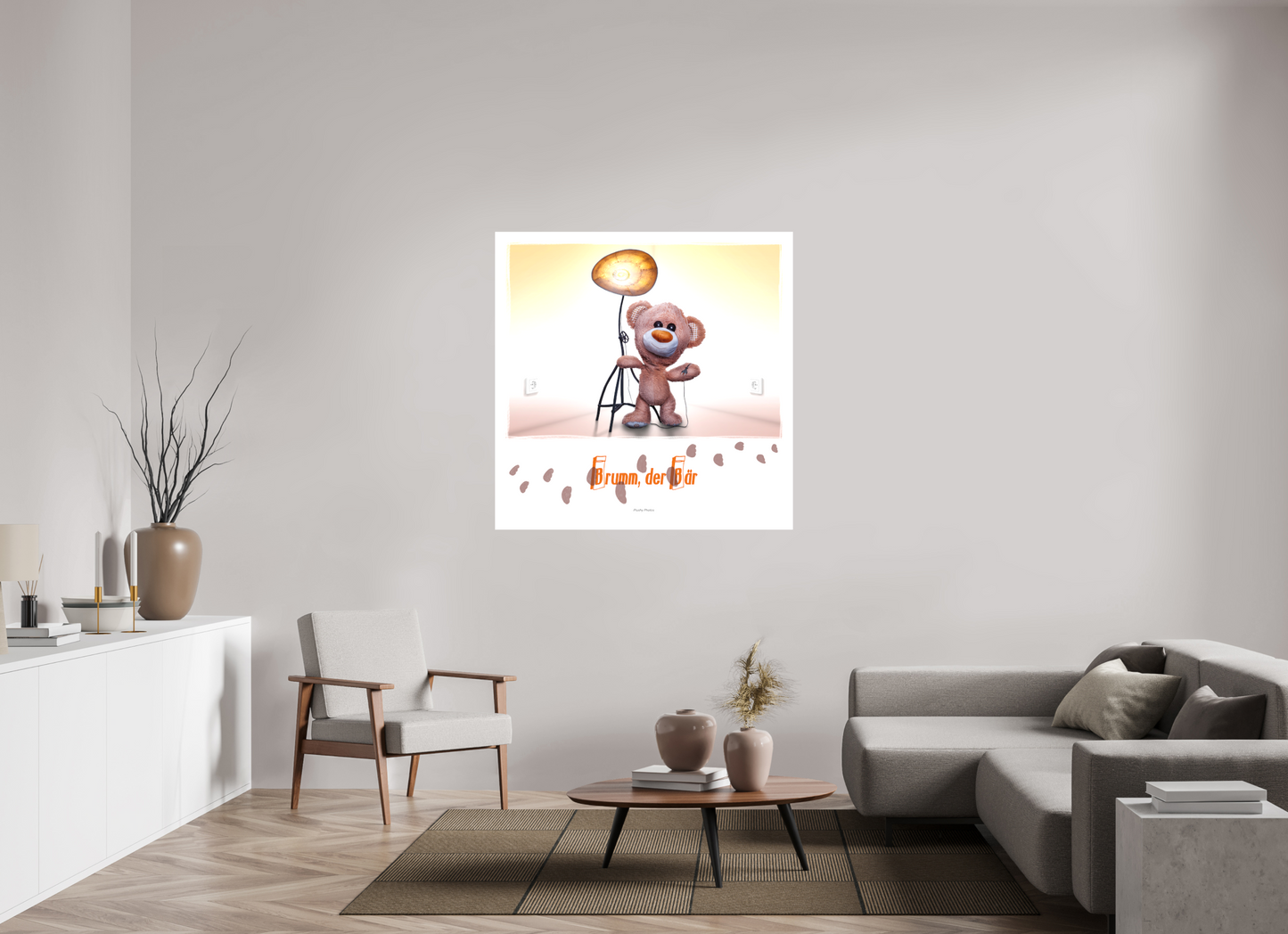 120 x 120 cm, Leinwand 40mm matt Leinwand Wandbild Kuscheltiere Deko Kinderzimmer Teddybaer Brumm_q