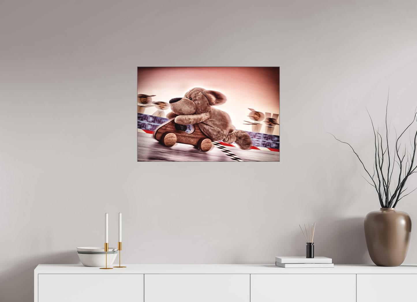 75 x 50 cm, Slimline-Einfassung schwarz Rahmen Wandbild Kuscheltiere Deko Kinderzimmer Wuff Rennfahrer_6