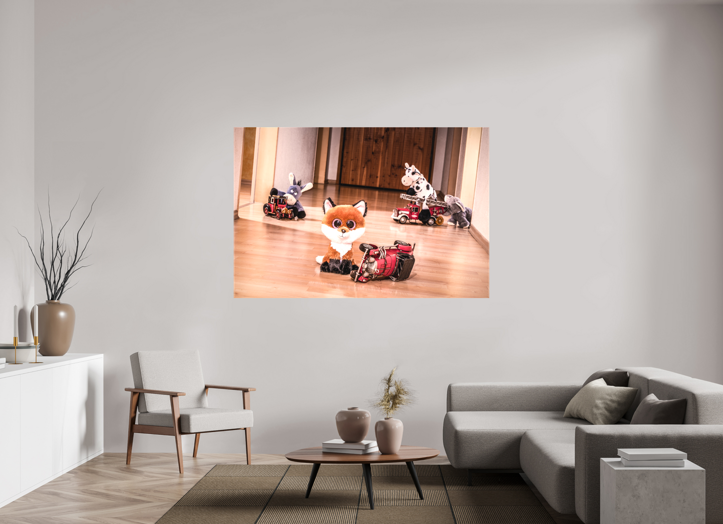 180 x 120 cm, Foto-Leinwand matt Wandbild süsser Fuchs Kuscheltier spielt mit Blechauto Deko Kinderzimmer