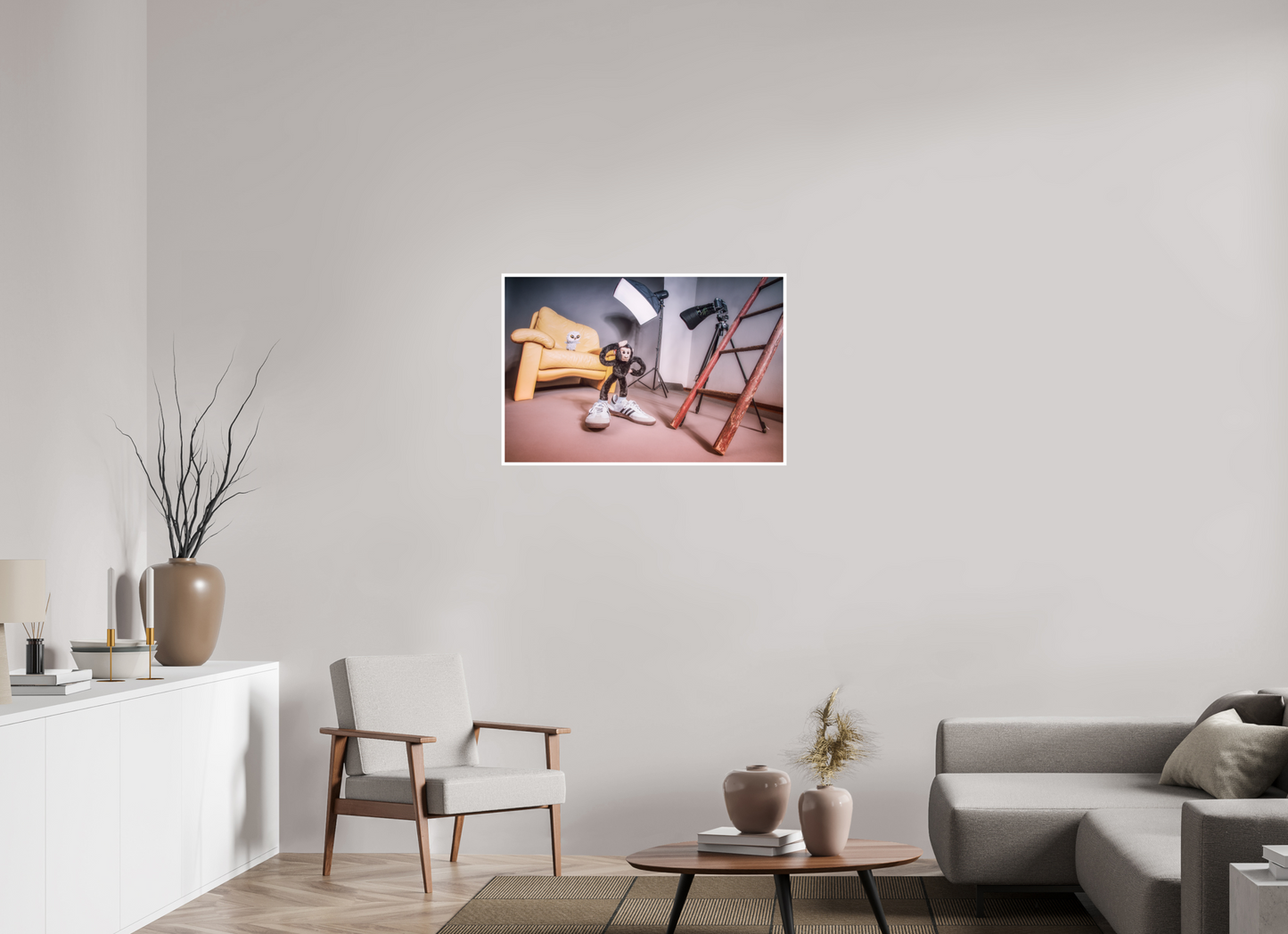 90 x 60 cm, Acrylglas 4mm Rand Acrylglas Wandbild Affe und Eule Kuscheltiere im Fotostudio Deko Kinderzimmer