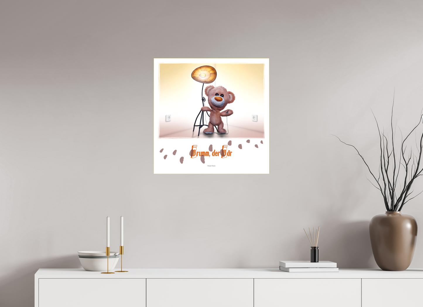60 x 60 cm, Slimline-Einfassung gold Rahmen Wandbild Kuscheltiere Deko Kinderzimmer Teddybaer Brumm_q