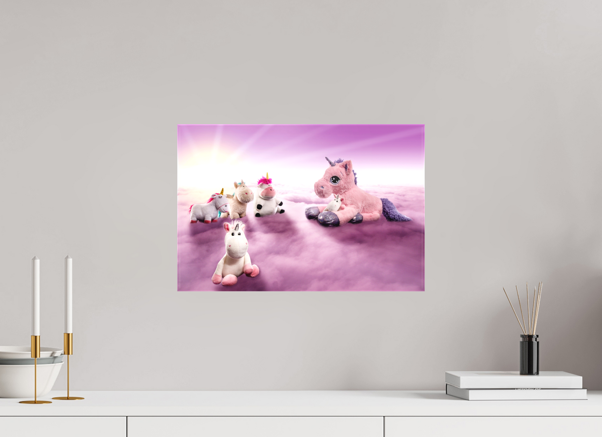 45 x 30 cm, Foto-Leinwand matt Wandbild weiße Einhörner Kuscheltiere auf den Wolken Deko Kinderzimmer