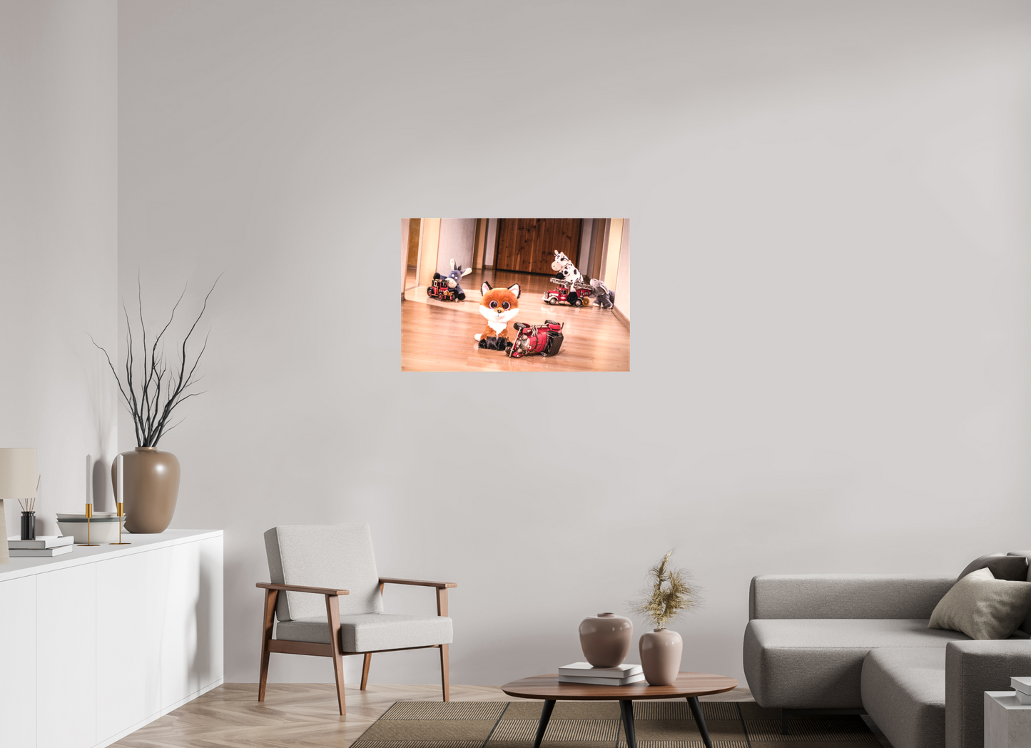 90 x 60 cm, Leinwand Textil 60mm Leinwand Wandbild Kuscheltiere Deko Kinderzimmer Fuchs Blechauto_6