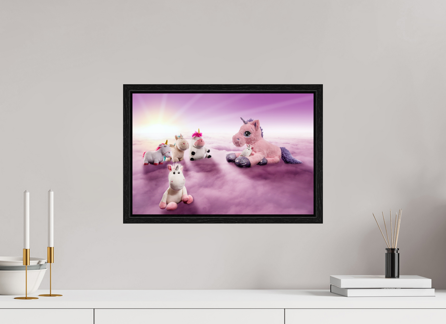 45 x 30 cm, Floater Frame Wandbild weiße Einhörner Kuscheltiere auf den Wolken Deko Kinderzimmer