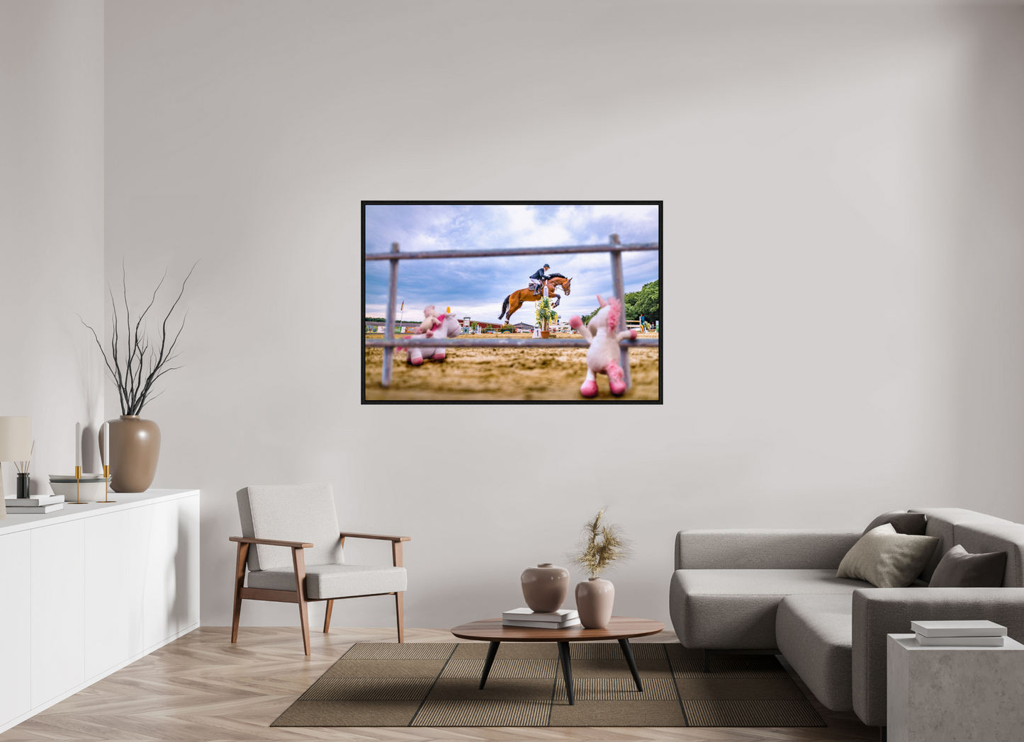 150 x 100 cm, Floater Frame Wandbild kleine Einhörner Kuscheltiere auf dem Reiterhof Deko Kinderzimmer