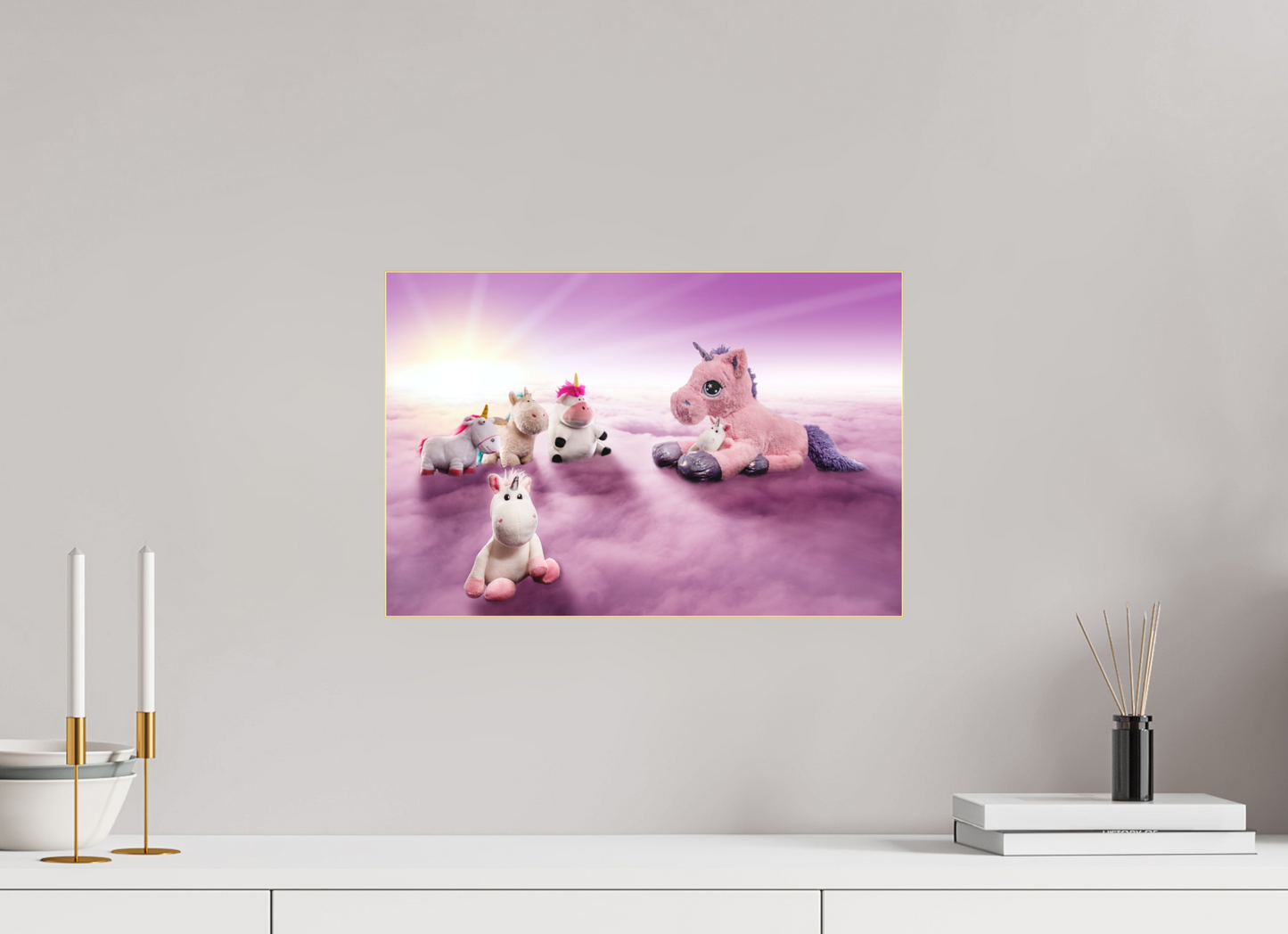 45 x 30 cm, Slimline-Einfassung gold Rahmen Wandbild Kuscheltiere Deko Kinderzimmer Einhorntreffen_6