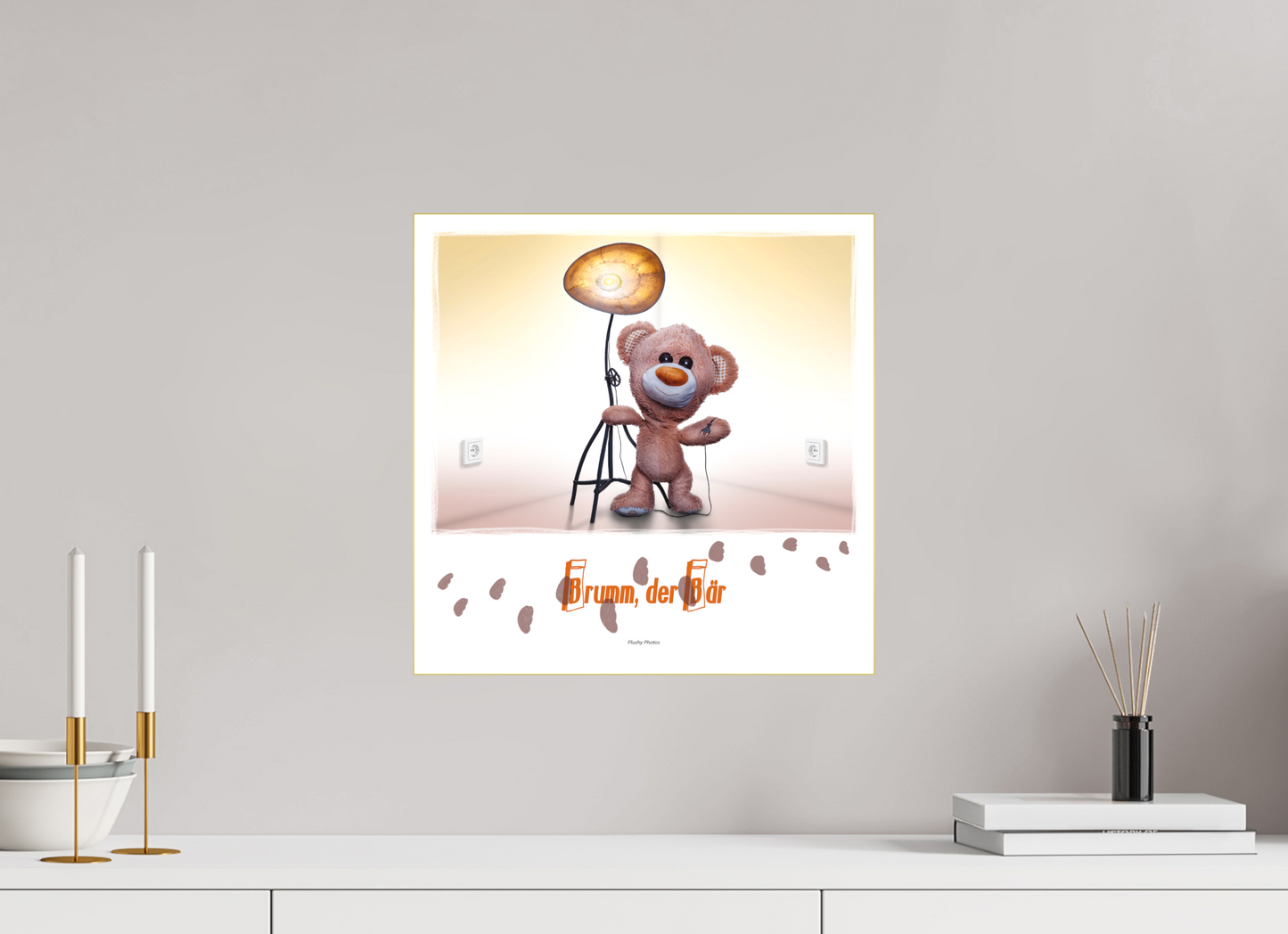 40 x 40 cm, Slimline-Einfassung gold Rahmen Wandbild Kuscheltiere Deko Kinderzimmer Teddybaer Brumm_q