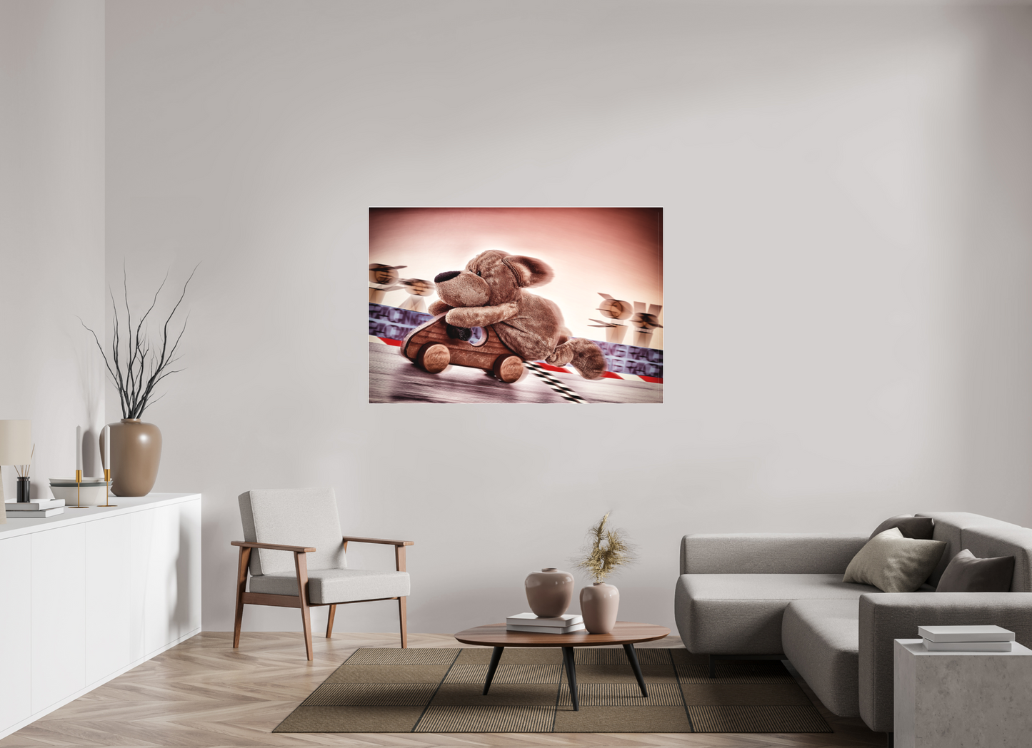 150 x 100 cm, Slimline-Einfassung weiss Rahmen Wandbild Kuscheltiere Deko Kinderzimmer Wuff Rennfahrer_6