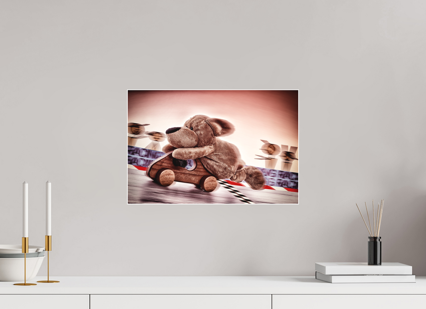 45 x 30 cm, Slimline-Einfassung weiss Rahmen Wandbild Kuscheltiere Deko Kinderzimmer Wuff Rennfahrer_6