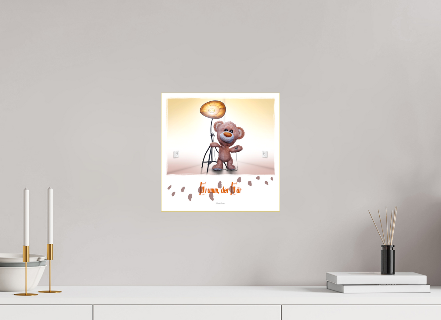 30 x 30 cm, Slimline-Einfassung gold Rahmen Wandbild Kuscheltiere Deko Kinderzimmer Teddybaer Brumm_q