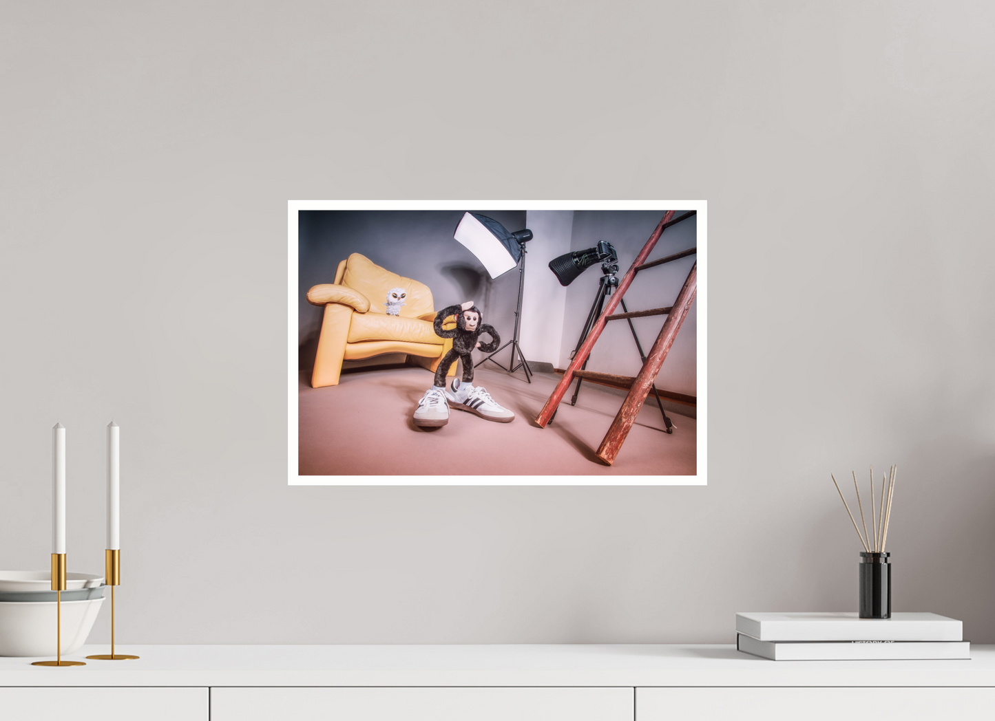 45 x 30 cm, Acrylglas 6mm Rand Acrylglas Wandbild Affe und Eule Kuscheltiere im Fotostudio Deko Kinderzimmer