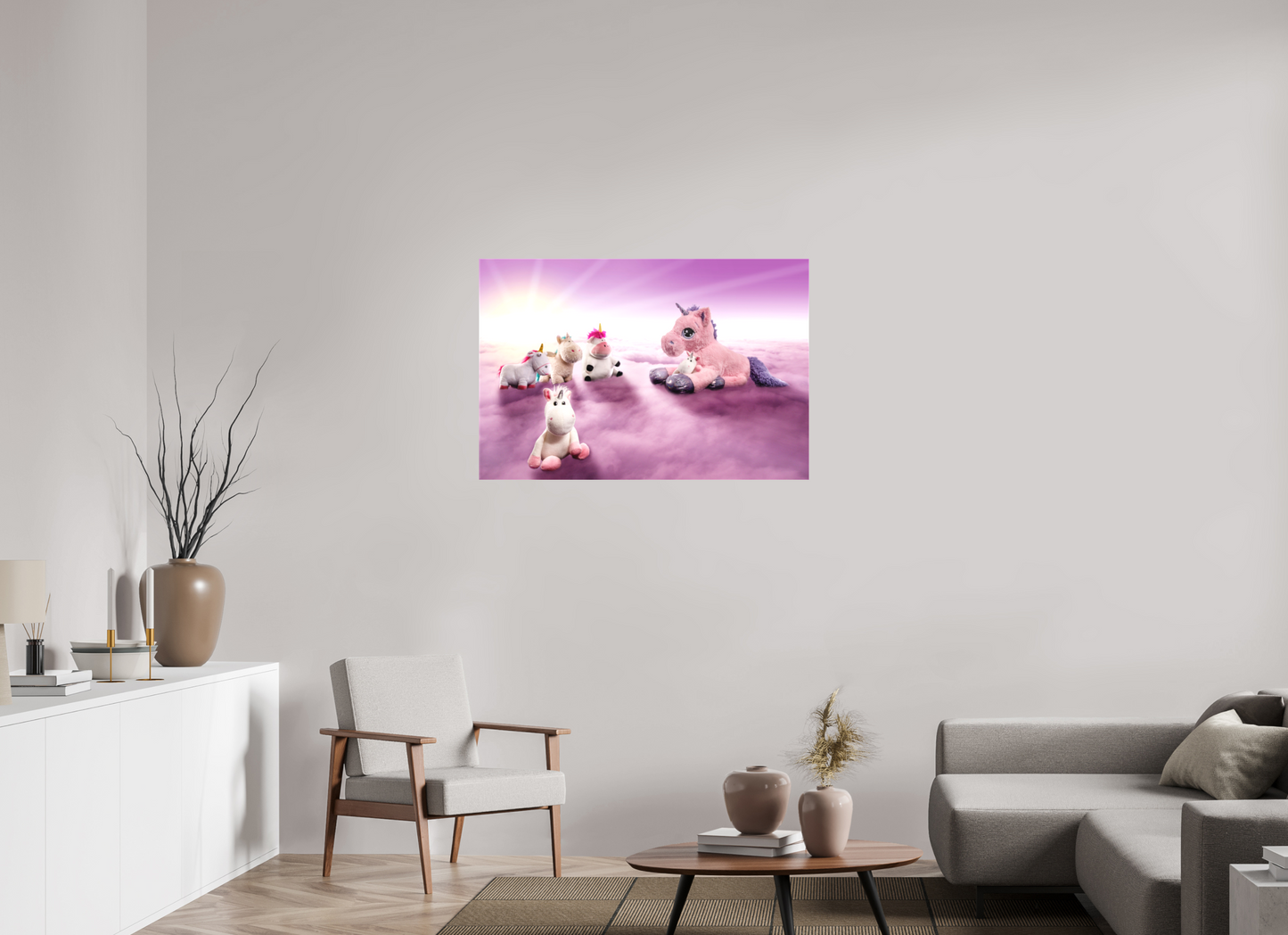 105 x 70 cm, Leinwand 40mm Leinwand Wandbild weiße Einhörner Kuscheltiere auf den Wolken Deko Kinderzimmer